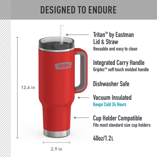 Vista 3 de THERMOS Taza Portavasos de Acero Inoxidable - 40 Onzas, Carmesí - Vaso Aislado con Tapa y Popote, Más Bloqueo Deslizante Resistente a Fugas