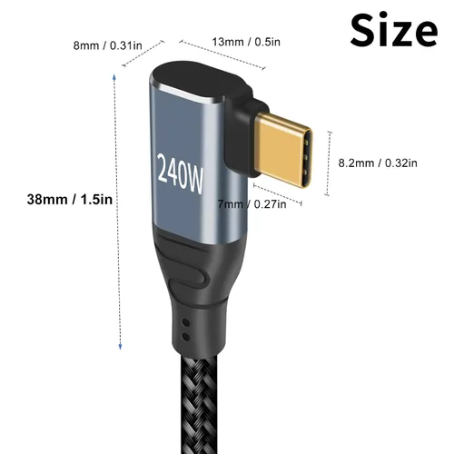 Vista 2 de Duttek Cable de carga USBC en ángulo recto de 6.6 pies/6.6 ft, cable USB C de 240 W, cable de carga rápida, USB tipo C macho a macho, cable trenzado