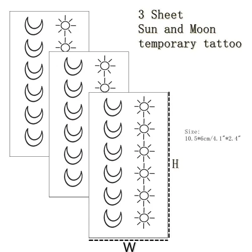 Vista 3 de 36 tatuajes de sol y luna, 3 hojas de transferencia de agua, arte minimalista para el cuerpo pequeño, impermeable, tatuajes falsos temporales