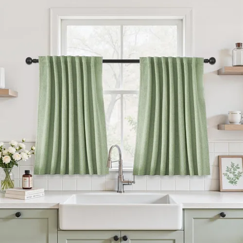 Vista 49 de UHITECH Cortinas cortas de lino de 24 pulgadas de largo para ventanas pequeñas de granja, cortinas opacas modernas para sala de estar, pestañas