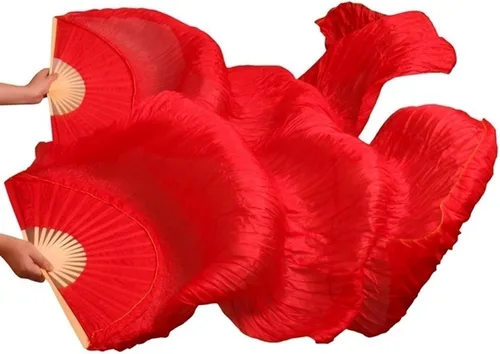 Vista 6 de 1 par (izquierdo + derecho) de abanicos de seda artificial de bambú para danza del vientre, abanicos de tela coloridos para danza, abanicos largos