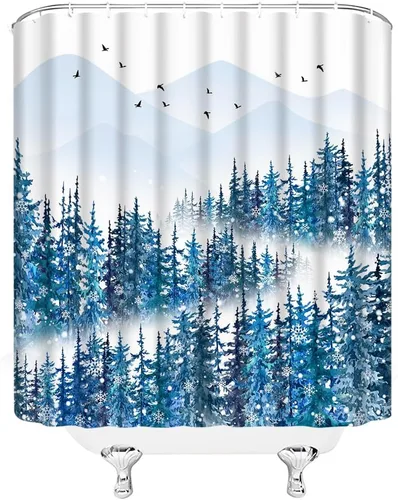 Vista 3 de Cortina de ducha de bosque brumoso, pino, acuarela, abstracta, selva, montaña, planta azul, rústico, misterioso, paisaje, decoración de baño