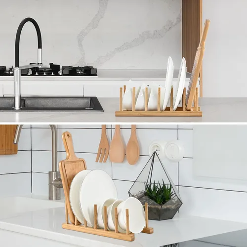 Vista 6 de Rejilla de secado con soporte de bambú, para organizar platos, sartén, cuenco, copa, libro, tapa de olla para gabinete de cocina o encimera