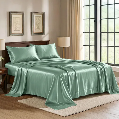 Vista 23 de Pure Bedding Sábanas de satén de lujo para cama individual de hotel, juego de sábanas de microfibra extra suave de 1800, resistente a las arrugas, a