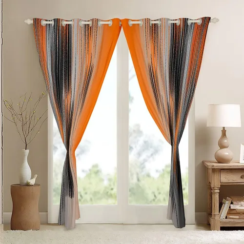 Vista 4 de jejeloiu Cortinas naranjas y negras (2 paneles, 42 x 63 pulgadas) cortinas opacas de arte moderno para niños y adultos, cortinas de oscurecimiento