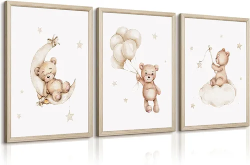 Vista 10 de Baccone Arte de pared para habitación de guardería con oso de peluche, póster para habitación de bebé niño o niña, decoración de pared de guardería