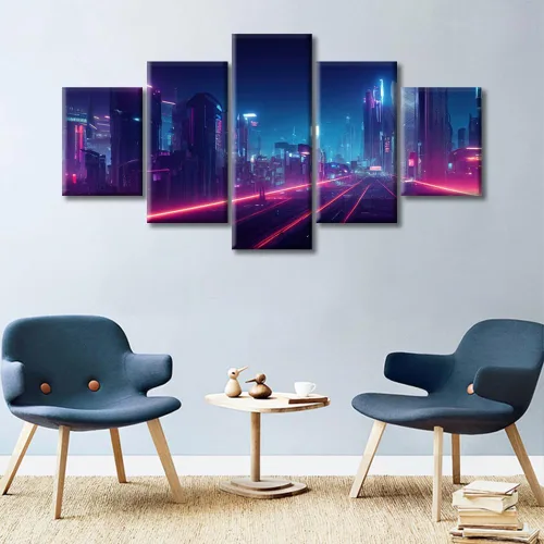 Vista 62 de Cuadros de 5 paneles de Cyberpunk City, arte de pared, representación de vallas publicitarias, edificios modernos en la capital con obras de arte
