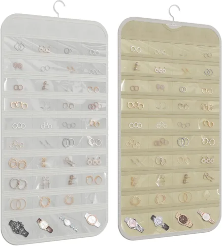 Vista 15 de Organizador colgante de joyas con 80 bolsillos de almacenamiento de doble cara, 1 paquete, color beige