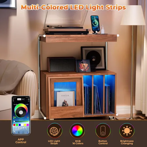 Vista 4 de Soporte grande para tocadiscos con puerta corredera y ruedas, armario de almacenamiento de discos de vinilo de 200 grados, mesa de tocadiscos