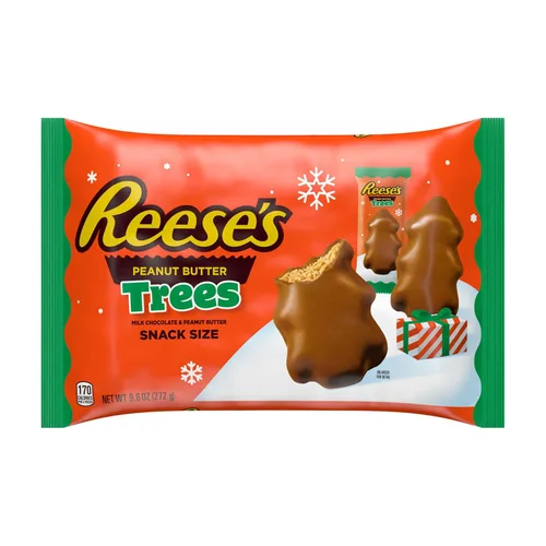 Vista 4 de REESE'S Árboles de mantequilla de maní de chocolate con leche tamaño bocadillo, bolsa de caramelos navideños, 9.6 onzas