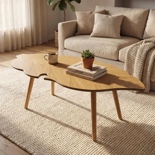 Vista 9 de DUOMAY Mesa de centro moderna en forma de hoja de mediados de siglo, mesa de centro de madera maciza para sala de estar, mesa central de madera