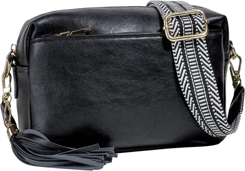 Vista 9 de Bolsos cruzados para mujer, bolso cruzado pequeño de cuero vegano, bolso de hombro para mujer con 2 correas anchas y borlas