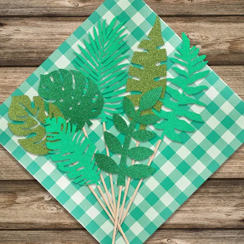 Vista 4 de 7 piezas de hojas tropicales con purpurina para tartas, plantas verdes de la selva, paletas, hojas de palmera, decoración de pasteles para verano