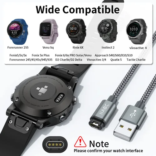 Vista 2 de IIABC Cable de carga compatible con Garmin Watch, paquete de 2 cables de carga USB de 3.3 pies para Garmin Fenix 5 5S Plus 6 6S 6X Pro 7 7S 7X