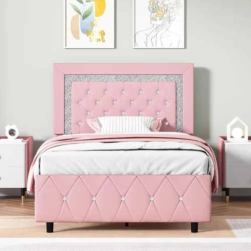 Vista 29 de BarnFurin Base de cama individual con cabecero, cama tapizada con diseño capitonado de diamante, marco de cama para niños con soporte de listones