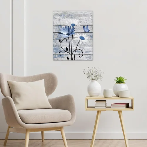 Vista 2 de HVEST Arte de pared de mariposa de margarita azul, margarita azul y mariposa sobre tablero de madera, pintura abstracta, arte de pared de flores