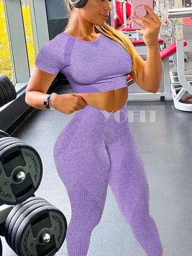 Vista 4 de YOFIT Women's Workout Outfit 2 Pieces Seamless High Waist Yoga Leggings with Long Sleeve Crop Top Gym Clothes Set