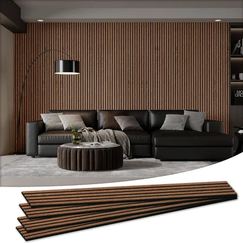 Vista 13 de Paquete de 4 paneles acústicos de pared de 105.9 x 12.6 x 0.8 pulgadas, absorbentes de sonido, paneles de pared de listones de madera para Teca