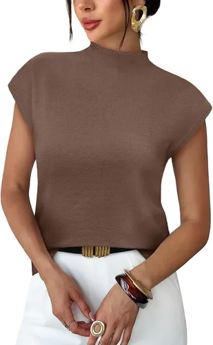 Vista 18 de Sampeel Suéter de manga corta para mujer, cuello alto, para verano, elegante, informal, básico, de punto
