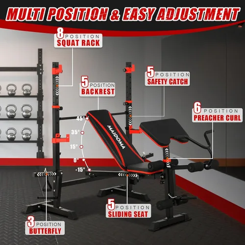 Vista 4 de MAIDOMA Foldable 1500LBS Capacity 8 IN 1 Weight Bench Set with Leg Extension/Squat Rack/Preacher Curl, Adjustable Bench Press for Home Gym Full Body