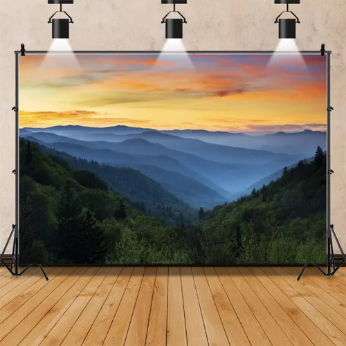 Vista 3 de Fondo de bosque de paisaje natural con vista a la montaña, puesta de sol, 5 Montañas Salida Del Sol Nubes Paisaje Fotografía Al Aire Libre WSNKY03352