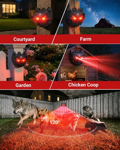 Vista 8 de Luces solares de depredador disuasorio de coyote - Repelente nocturno de animales con luces LED intermitentes rojas para gallinero, patio y jardín