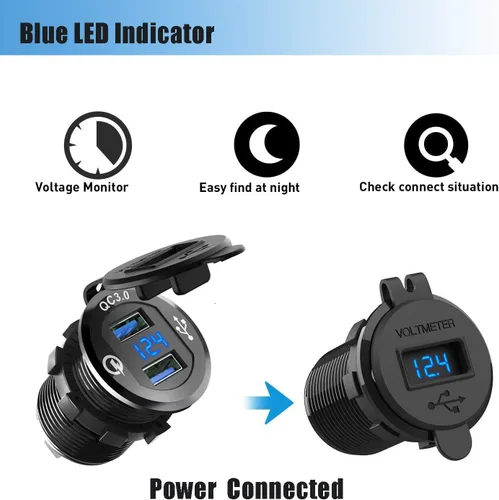 Vista 6 de Cargador de coche USB dual 3.0 de carga rápida de 12 V/24 V 36 W QC3.0 Cargador rápido USB dual toma de corriente de aluminio con voltímetro LED Azul