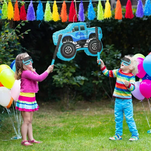 Vista 5 de Piñata de camión pequeño, piñata de camión de cumpleaños para niños, piñata de construcción con palo, confeti para niños, suministros de fiesta