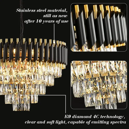Vista 6 de Candelabro de cristal moderno dorado de 5 niveles para sala de estar, lámpara de araña grande de cristal negro, lámpara colgante de techo