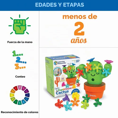 Vista 5 de Learning Resources Carlos the Pop & Count Cactus - 16 piezas, a partir de 18 meses, juguetes Montessori para niños pequeños, forma apilable