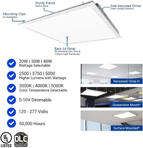Vista 2 de Paquete de 6 luces LED de panel plano de 2 x 2 para techo caído, 5200 lm seleccionables 20W/25W/30W/35W/40W, temperatura