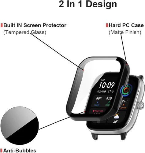 Vista 4 de Paquete de 2 protectores de pantalla compatibles con Amazfit GTS 4 Mini, pantalla de vidrio templado + fundas protectoras de policarbonato mate