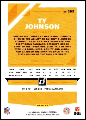 Vista 2 de 2019 Donruss #295 Ty Johnson NM-MT Detroit Lions Officially Licensed NFL Trading Card