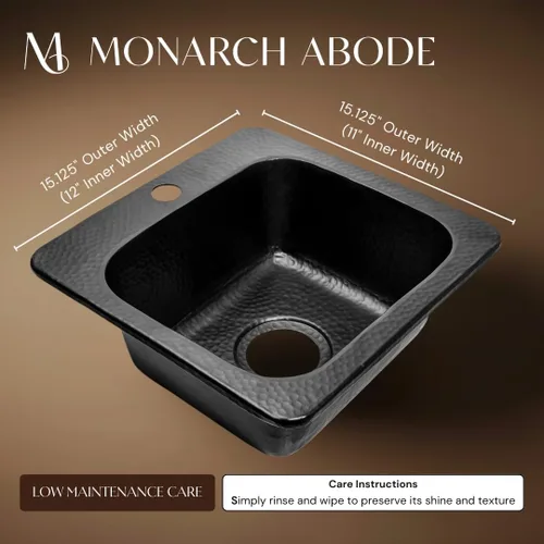 Vista 2 de Monarch Abode Fregadero de cocina y bar – Fregadero de barra pequeño Baxter de 15 pulgadas, fregadero de aluminio negro mate martillado a mano