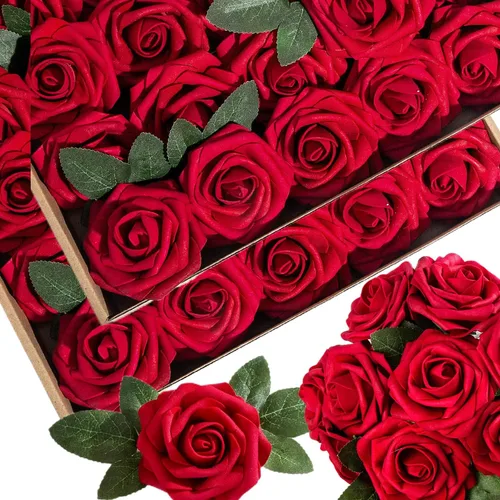 Vista 23 de 25 piezas Flores Artificiales de Espuma Rosas Falsas con Tallos 8 Hojas Rosas Sintéticas de Aspecto Real para Ramos de Boda Centros de Mesa de Negro