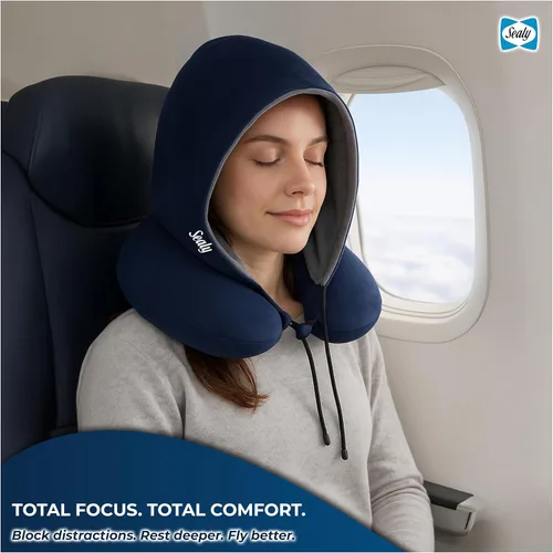 Vista 2 de Sealy Almohada de viaje - Almohada de cuello de avión con capucha, almohada de cuello de viaje para aviones, almohada de viaje de espuma