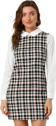 Vista 3 de Allegra K Vestido a cuadros de manga larga con cuello Peter Pan para mujer