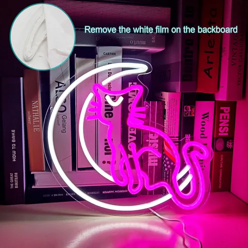 Vista 6 de SmilingTown Letreros de neón rosa y blanco para decoración de pared, funciona con USB, luces decorativas de neón de luna y gato para el hogar