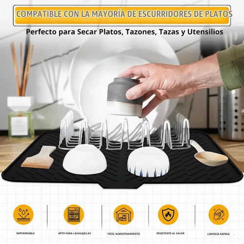 Vista 5 de Luxet Alfombrilla de silicona para secar platos con borde de drenaje integrado, almohadilla de secado higiénica, bandeja resistente compacta y fácil