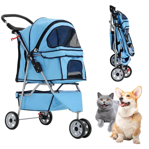 Vista 11 de Cochecito para perros con cesta de almacenamiento, cochecito para mascotas de 3 ruedas, transpirable, compacto, portátil, plegable, para viajes