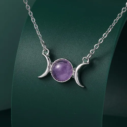 Vista 4 de MISS RIGHT Dainty Triple Moon Goddess Crystal Necklace for Women Men Girls, Crescent Moon Phase Healing Chakra Necklaces Wiccan Birthstone Celestial