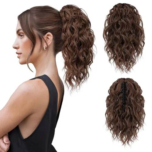 Vista 23 de Flufymooz Extensión de cola de caballo, extensión de cola de caballo corta de 12 pulgadas con pinza de garra, cabello ondulado rizado, clip
