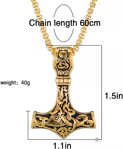 Vista 2 de Collar de martillo de Thor vikingo, collar con colgante de amuleto nórdico Mjolnir, joyería de símbolo pagano celta Oro