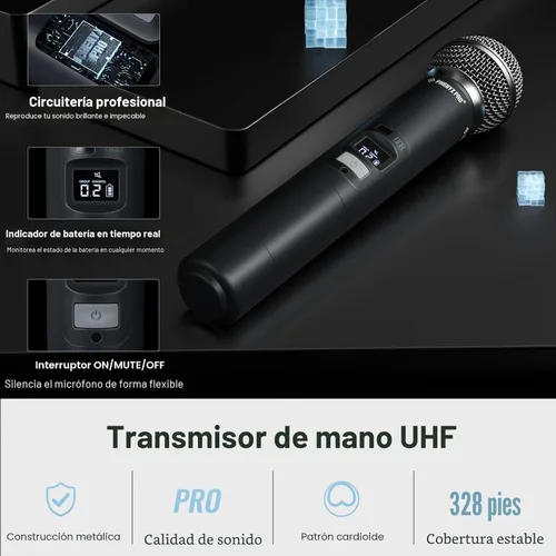 Vista 4 de Phenyx Pro Sistema de micrófono inalámbrico, micrófonos inalámbricos duales, con 2 dispositivos de mano, escaneo automático, frecuencias UHF de 2 x
