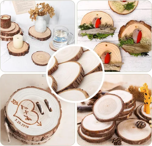 Vista 3 de ilauke Rebanadas de Madera, 10 Piezas de 3.5"-4" de Madera Natural Redondas, Círculos de Madera con Corteza, Kit de Madera Sin Terminar