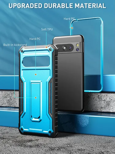 Vista 3 de ExoGuard Funda protectora para Google Pixel 8 Pro, funda protectora de goma resistente a los impactos a prueba de golpes, soporte integrado (azul)
