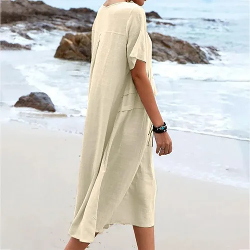 Vista 4 de XUNRYAN Vestidos de lino 2023 para mujer, vestido midi holgado casual de verano por debajo de la rodilla, holgado, holgado, cómodo, vestido de playa