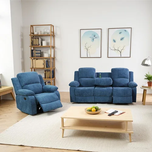Vista 18 de Juego de sofá reclinable manual para sala de estar, juego de muebles de 3 piezas, sofá reclinable de tela Courduroy y dos sillas con mesa Azul