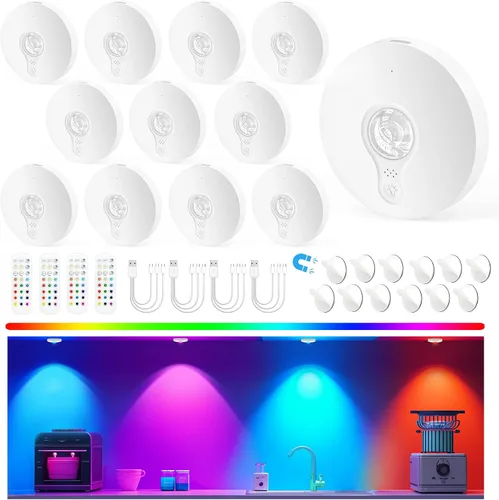 Vista 11 de Luces LED recargables con control remoto, paquete de 3 luces magnéticas para debajo del gabinete, luces LED accionadas a pila de 1500mAh