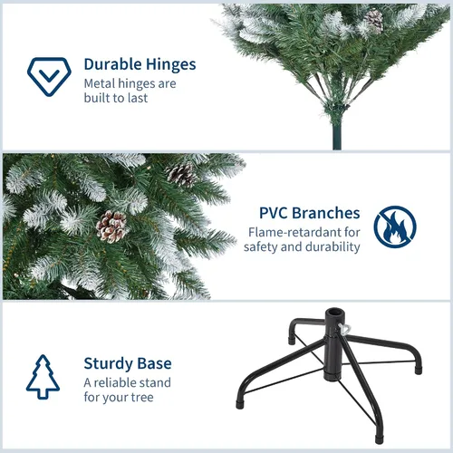Vista 5 de Árbol de Navidad Artificial Preiluminado de 4.5 Pies, Árbol de Pino de Navidad con Piñas, 150 LEDs y 352 Puntas - Soporte con Bisagras, Árboles